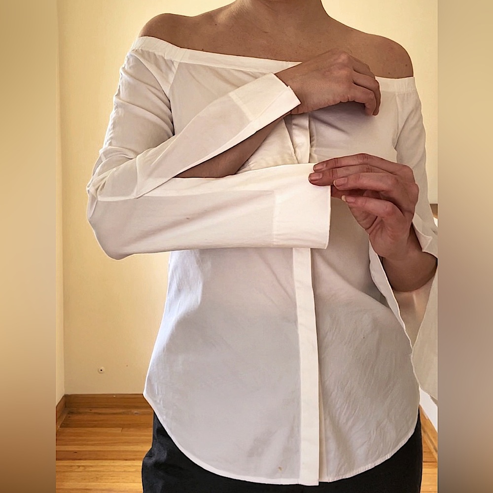 Theory NWT Auriana bell sleeves off shoulder stretch cotton blouse medium white